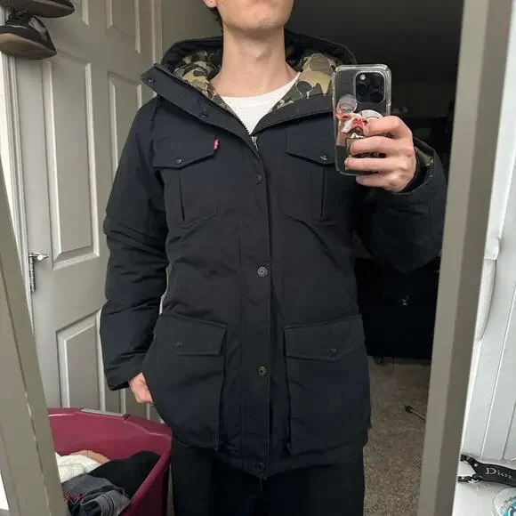 Rare 00s Levi’s Black Camo Insulated Down Puffer Jacket Parka Coat - Picture 7 of 8